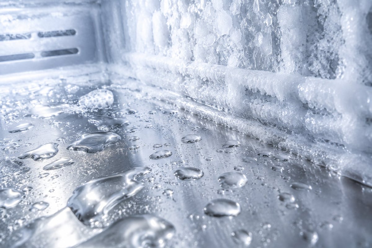 Ice buildup and frost on the interior walls and floor of a freezer compartment with water droplets